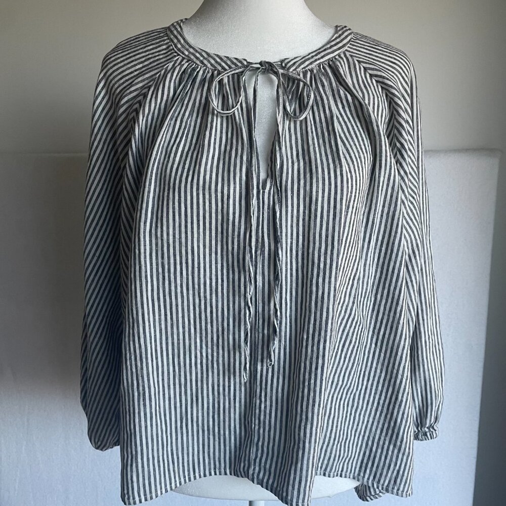Linen Blouse with Tie and High-Low Hem 3/4 Sleeves Boxy Cropped Beachy Size XL